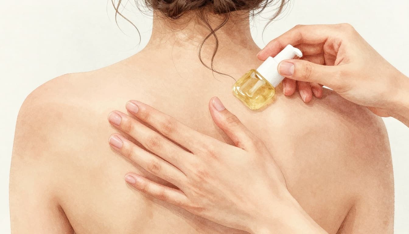 A woman with curly hair gently massages Aloe Vera gel into her dry scalp in a bright bathroom before a mirror, close-up watercolor style with soft pastel tones.