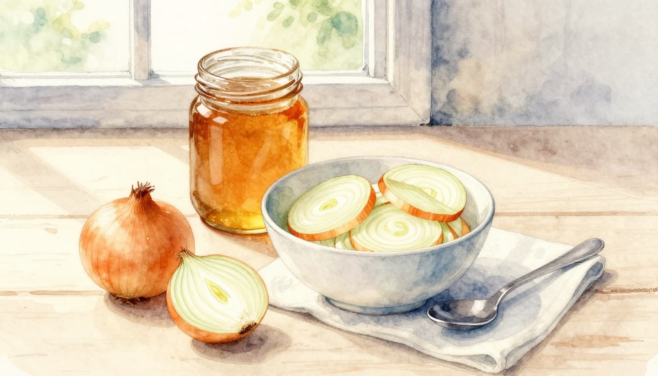 Eine Schale mit frischen Zwiebelscheiben neben einem Honigtopf und einem Löffel auf dem Küchentisch, beleuchtet von Sonnenlicht durch das Fenster. Aquarellstil mit weichem Morgenlicht für Zutaten des hausgemachten Hustenmittels.