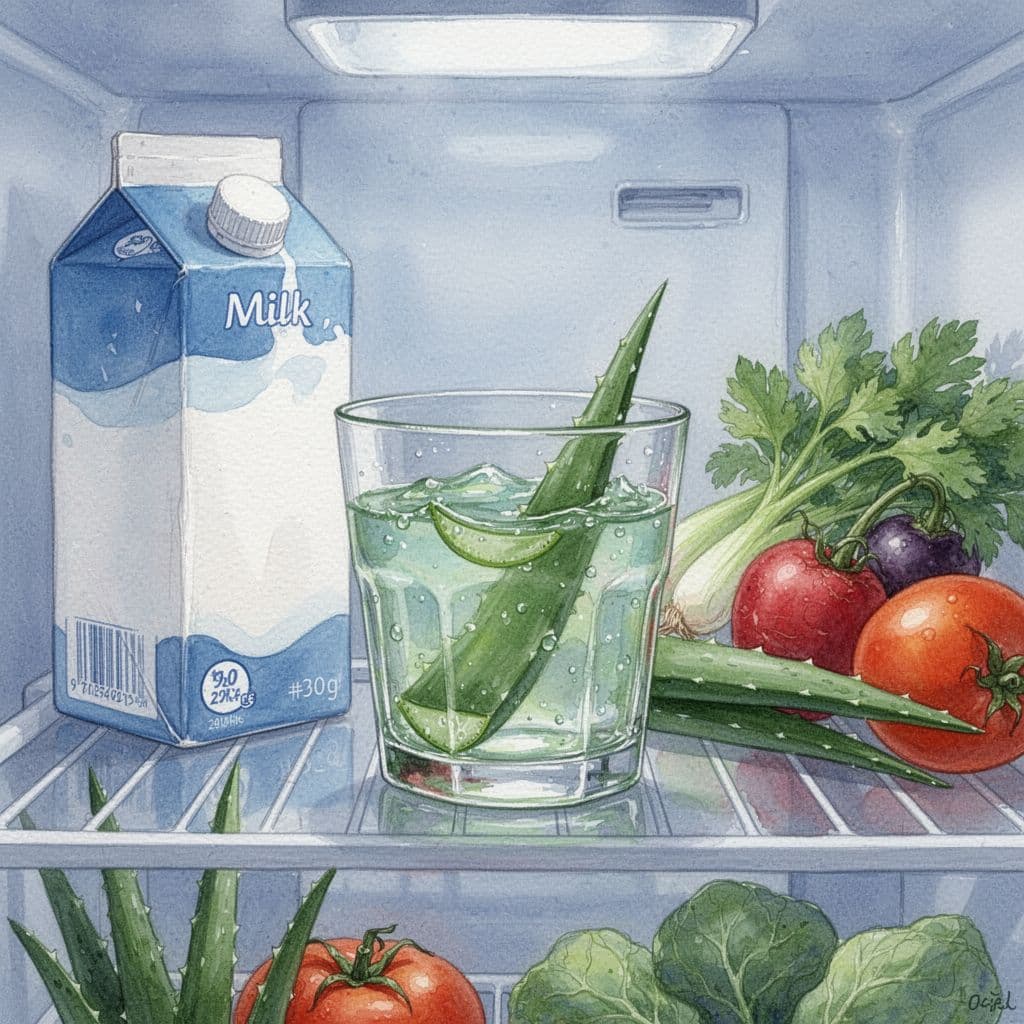Glass of aloe vera gel prominently on fridge shelf next to milk and vegetables in cool blue watercolor style.