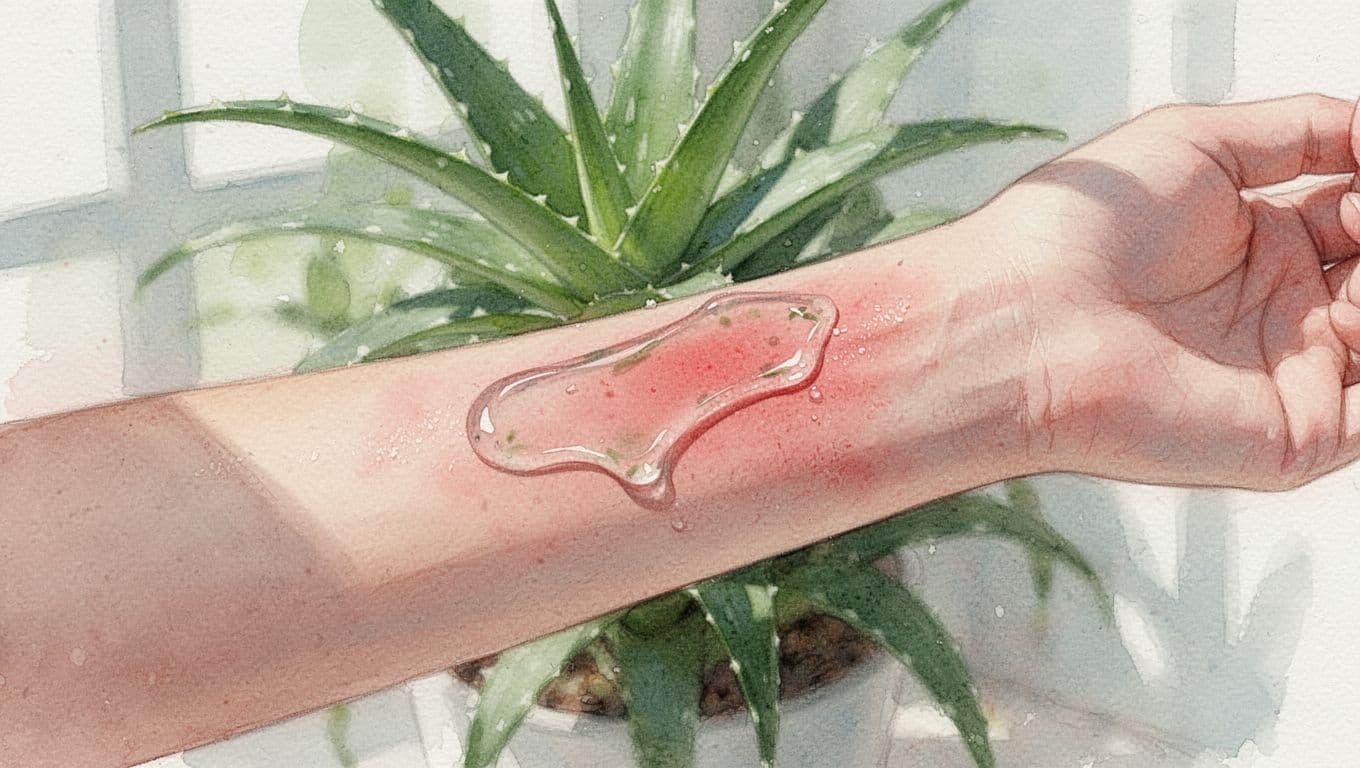 Lightly red forearm skin covered with thin glistening aloe vera gel in watercolor style.