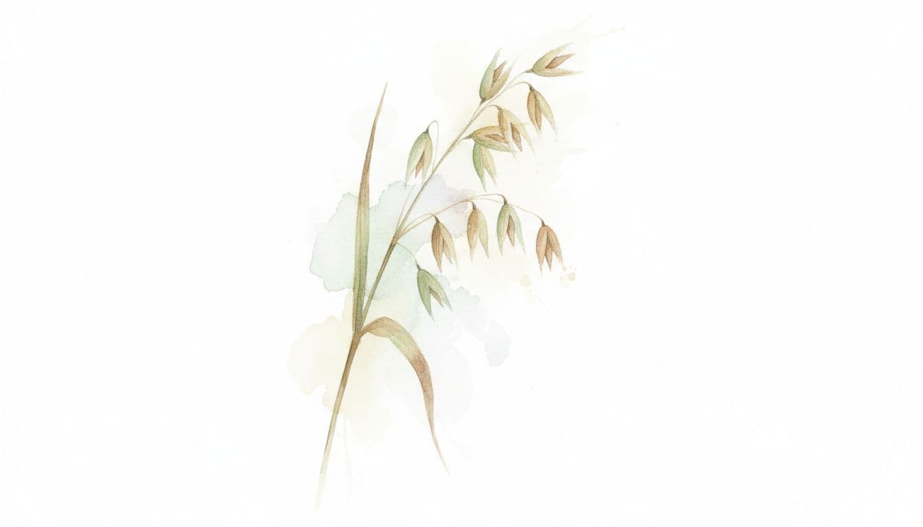 A single oat stalk rendered in soft watercolor textures against a clean white background.