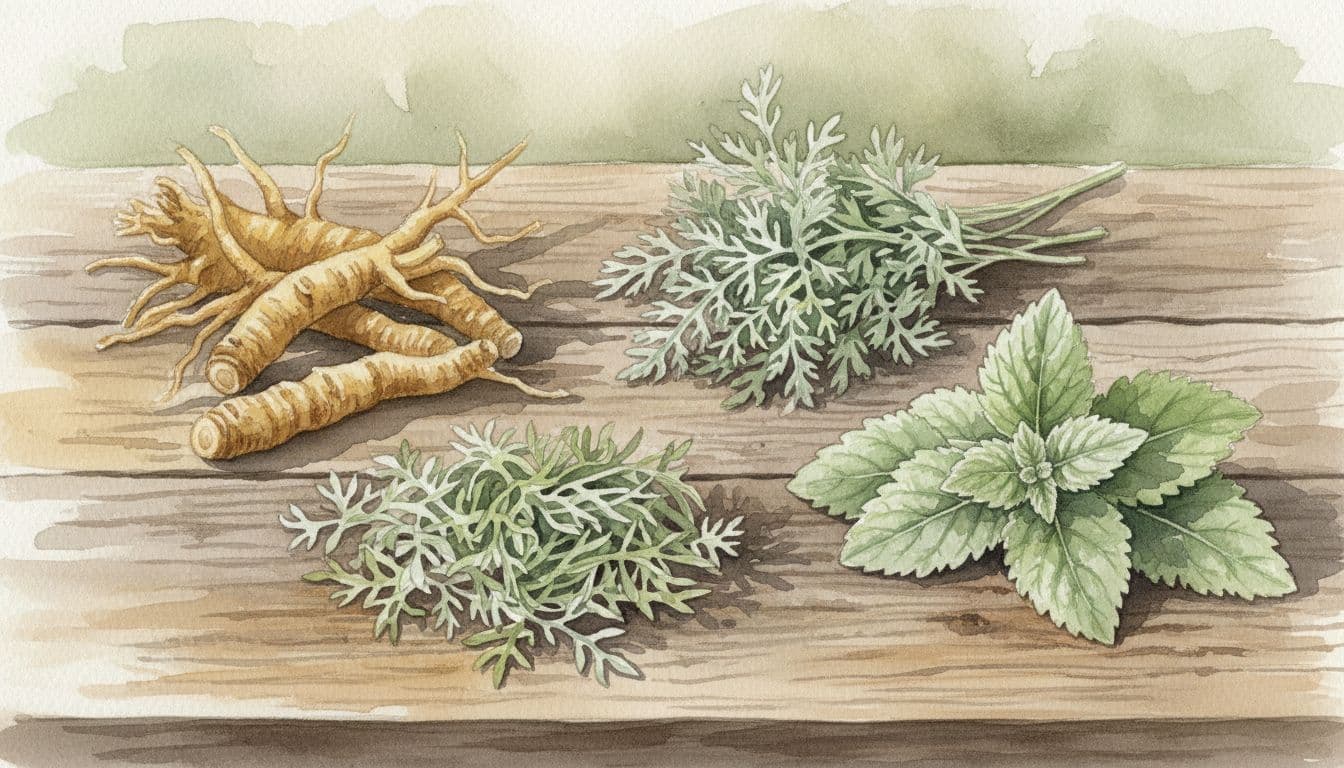 Gentian root, wormwood leaves, and horehound on rustic wooden table in watercolor style.