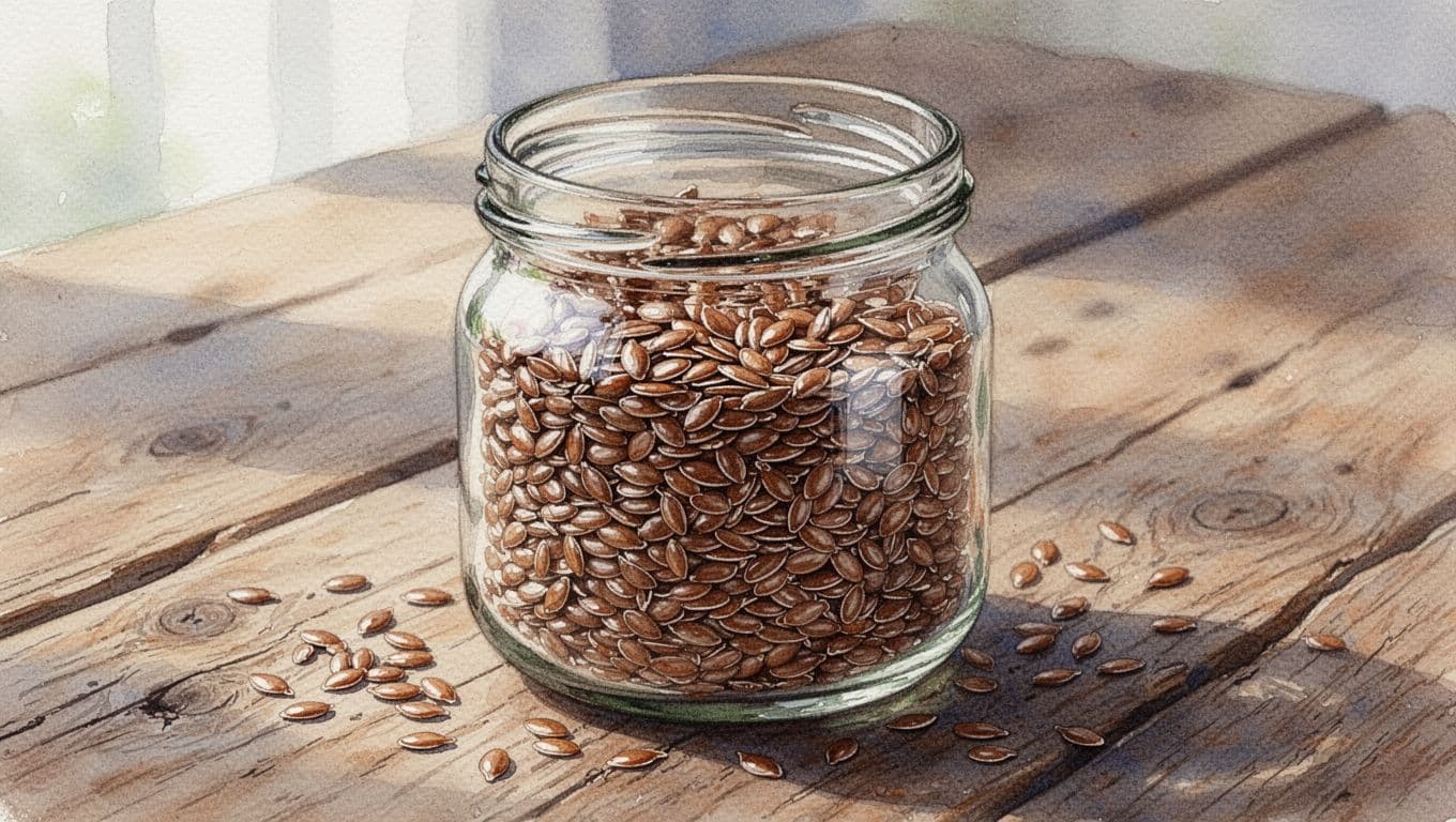 Brown flaxseeds in clear glass jar with water bottle and spoon on rustic wooden table.