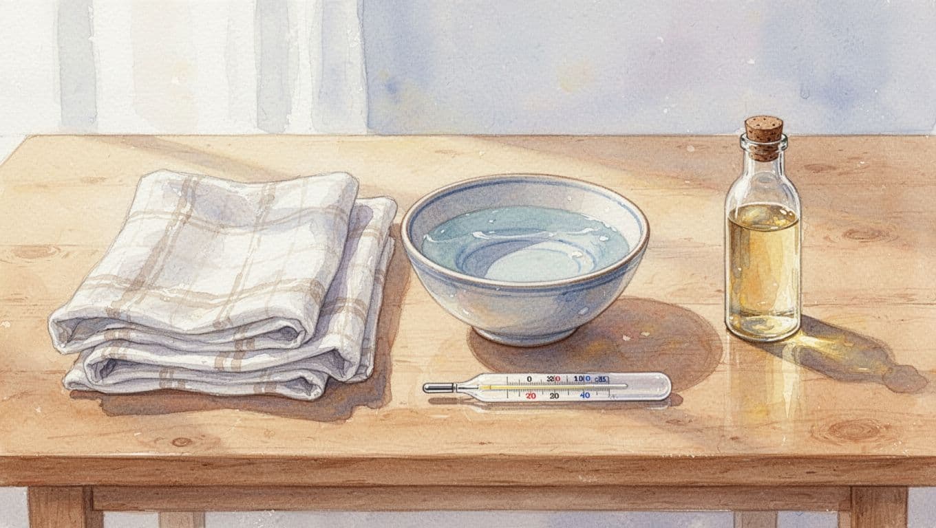 Linen cloths, bowl of lukewarm water, thermometer, and vinegar bottle neatly arranged on light wooden table.