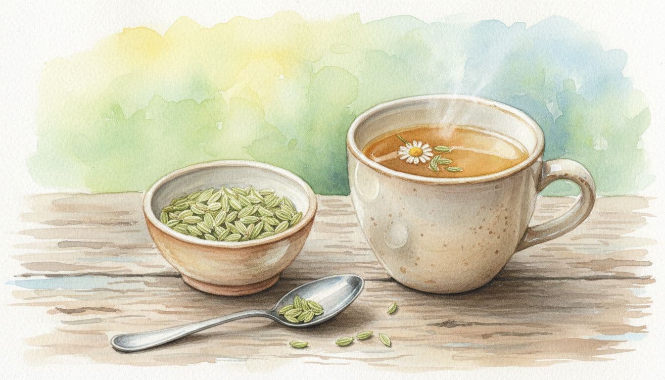 A small bowl of fennel seeds and a teaspoon sit beside a cup of herbal tea.