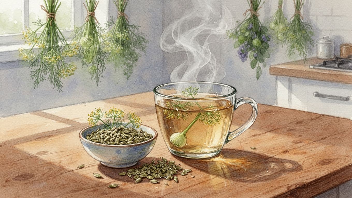 Steaming cup of fennel tea and bowl of fresh fennel seeds on wooden table in bright kitchen, herb bouquets in background.