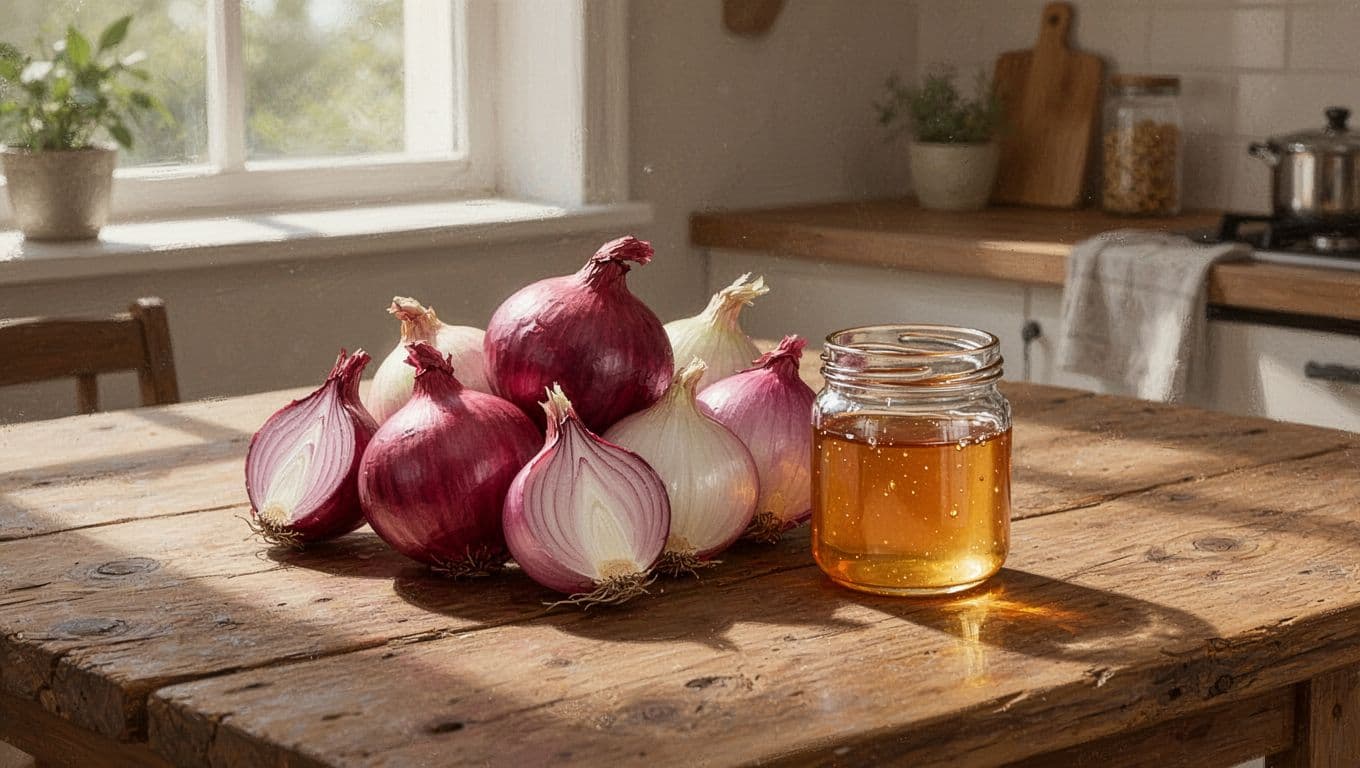 Watercolor of three red and white onions, honey jar, mason jar, and cutting board on rustic wooden table.