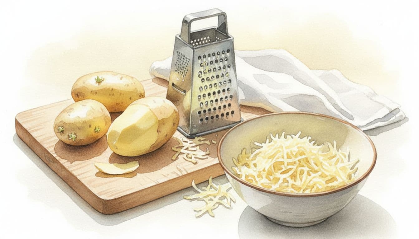 Fresh potato tubers on cutting board, one grated into bowl beside white cloth, watercolor style.
