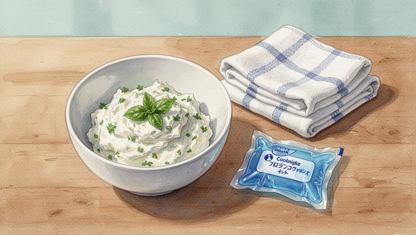 Fresh quark in white bowl next to folded cotton cloths and cooling pack on wooden table, watercolor style.