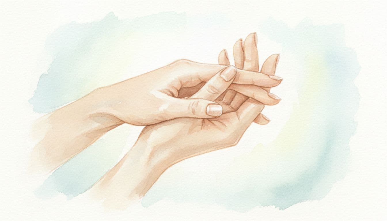 Soft watercolor strokes depict two manicured hands touching gracefully against a light, neutral background. The visible brush textures and pastel color palette create a serene atmosphere of healing and hydration.