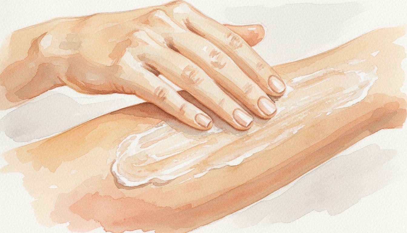A close-up view of a hand gently applying moisturizing cream to a forearm in a painterly watercolor style.