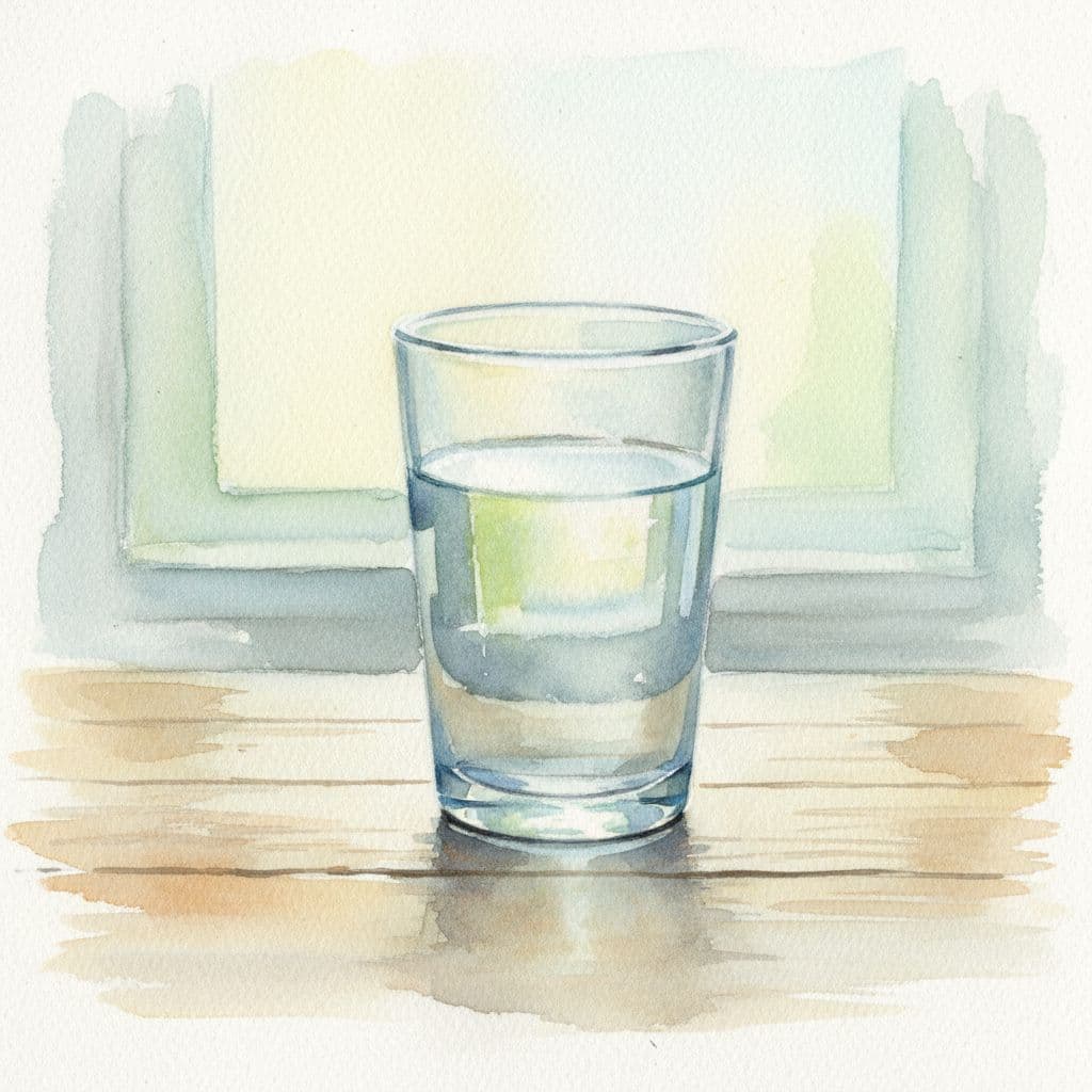 Ein einzelnes Glas gefüllt mit frischem Wasser steht auf einer hellen Holzoberfläche in Aquarelloptik.