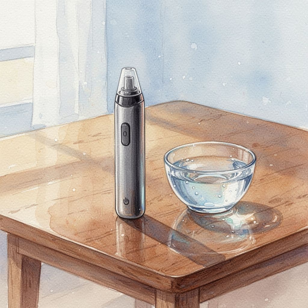 An inhaler sits neatly on a wooden surface beside a small bowl of clean water.