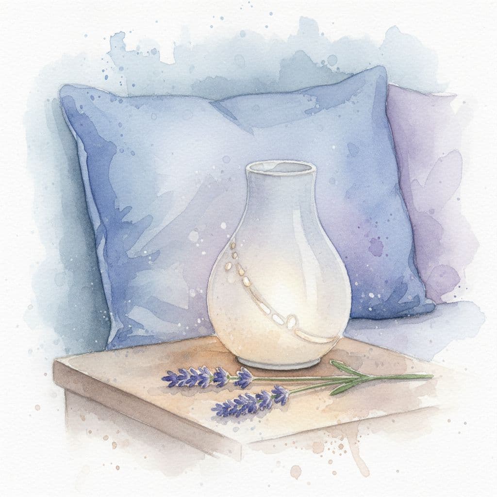 A sprig of fresh lavender rests on a wooden bedside table beside a glowing oil diffuser.