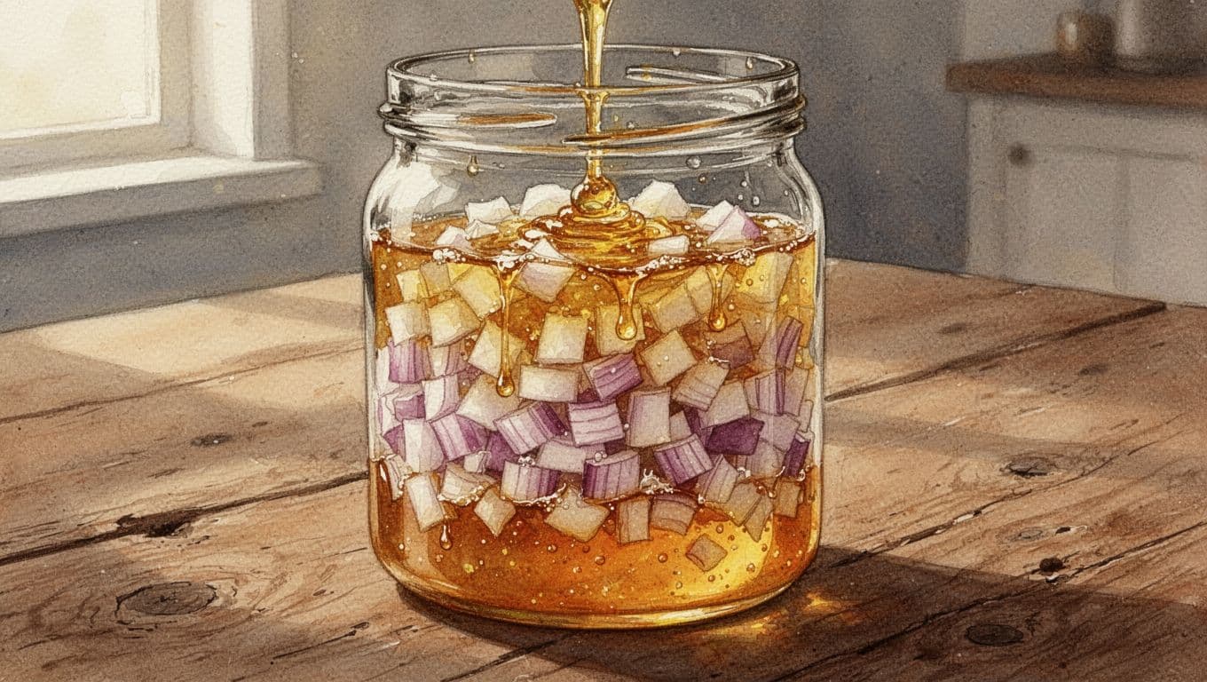 Finely diced onions layered with honey in half-filled glass jar on rustic kitchen table.