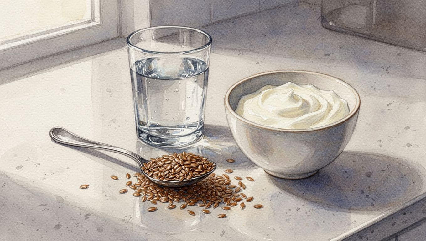 Ein Löffel goldbrauner Leinsamen neben einem Glas Wasser und einem Becher Joghurt auf einem Küchentisch.