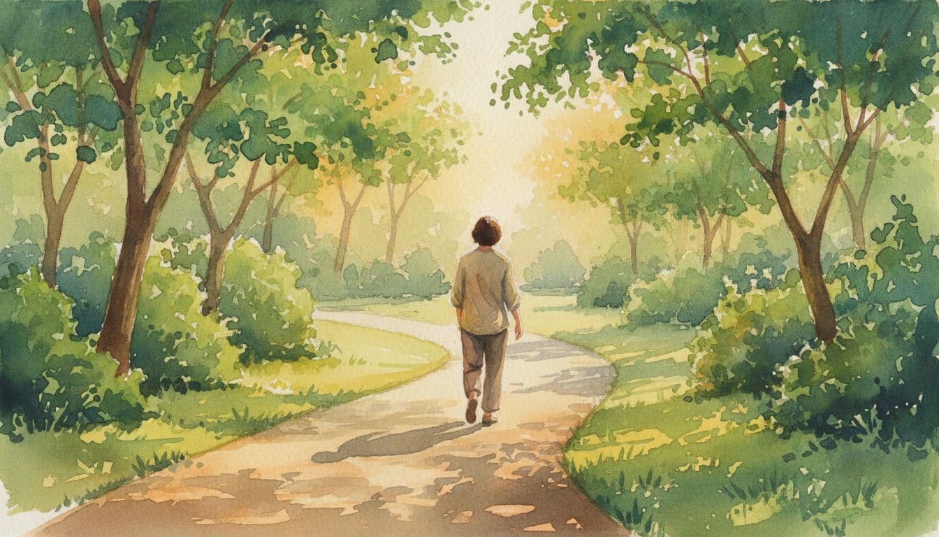 Person in simple clothes walks away on tree-lined park path under warm sunlight, watercolor style.