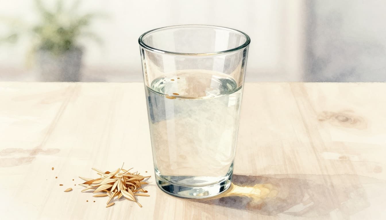 Glass of milky rice water on wooden table beside white sieve with wet rice remnants.