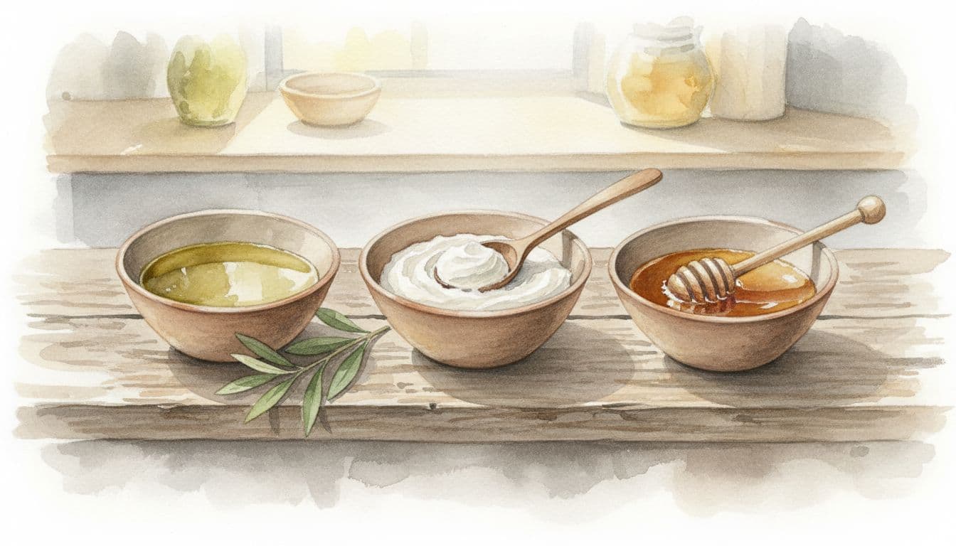 Small clay bowls filled with creamy quark, golden honey, and rich olive oil rest upon a textured wooden surface. The scene features a soft watercolor aesthetic with delicate brushstrokes and light.