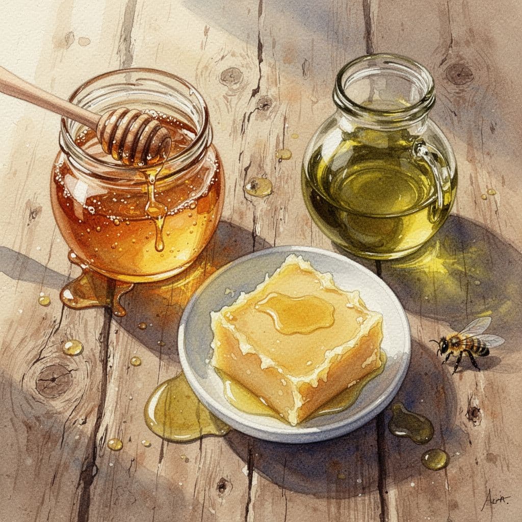 Soft watercolor strokes depict a wooden surface holding golden honey, rich olive oil, and raw beeswax. Warm amber hues dominate the scene, creating a comforting atmosphere for organic skin care preparations.