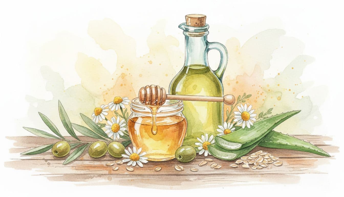 A watercolor painting displays a honey jar and olive oil bottle resting on a rustic wooden table.