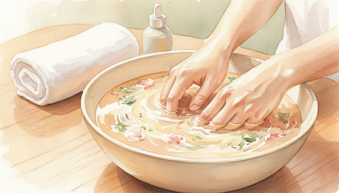 Close-up of hands submerged in a golden, soothing skincare mixture within a bowl. The watercolor aesthetic features soft, flowing gradients and organic brush textures in a bright, tranquil home setting.