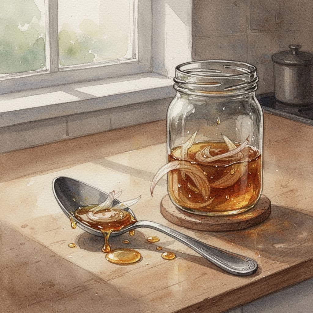 Spoon with thick golden-brown onion syrup and drops on saucer next to glass jar in warm kitchen.