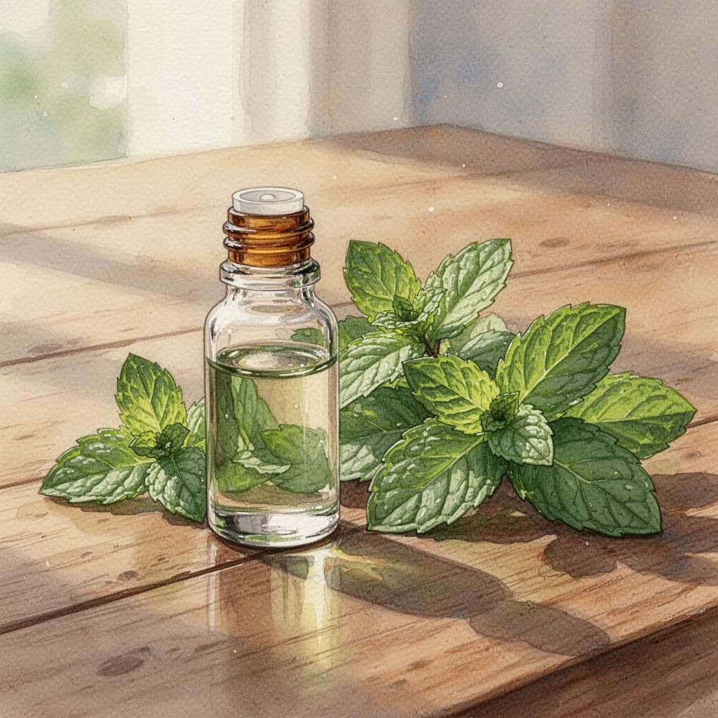 Small glass bottle of peppermint oil next to fresh peppermint leaves on wooden table, watercolor style with brush texture.