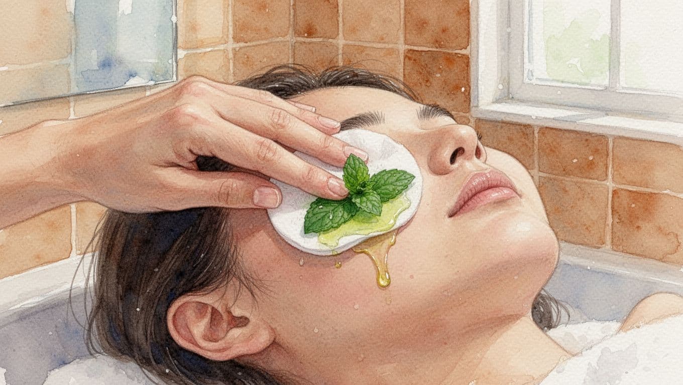 Close-up shows fingers applying diluted peppermint oil to temple with cotton pad in cozy bathroom.
