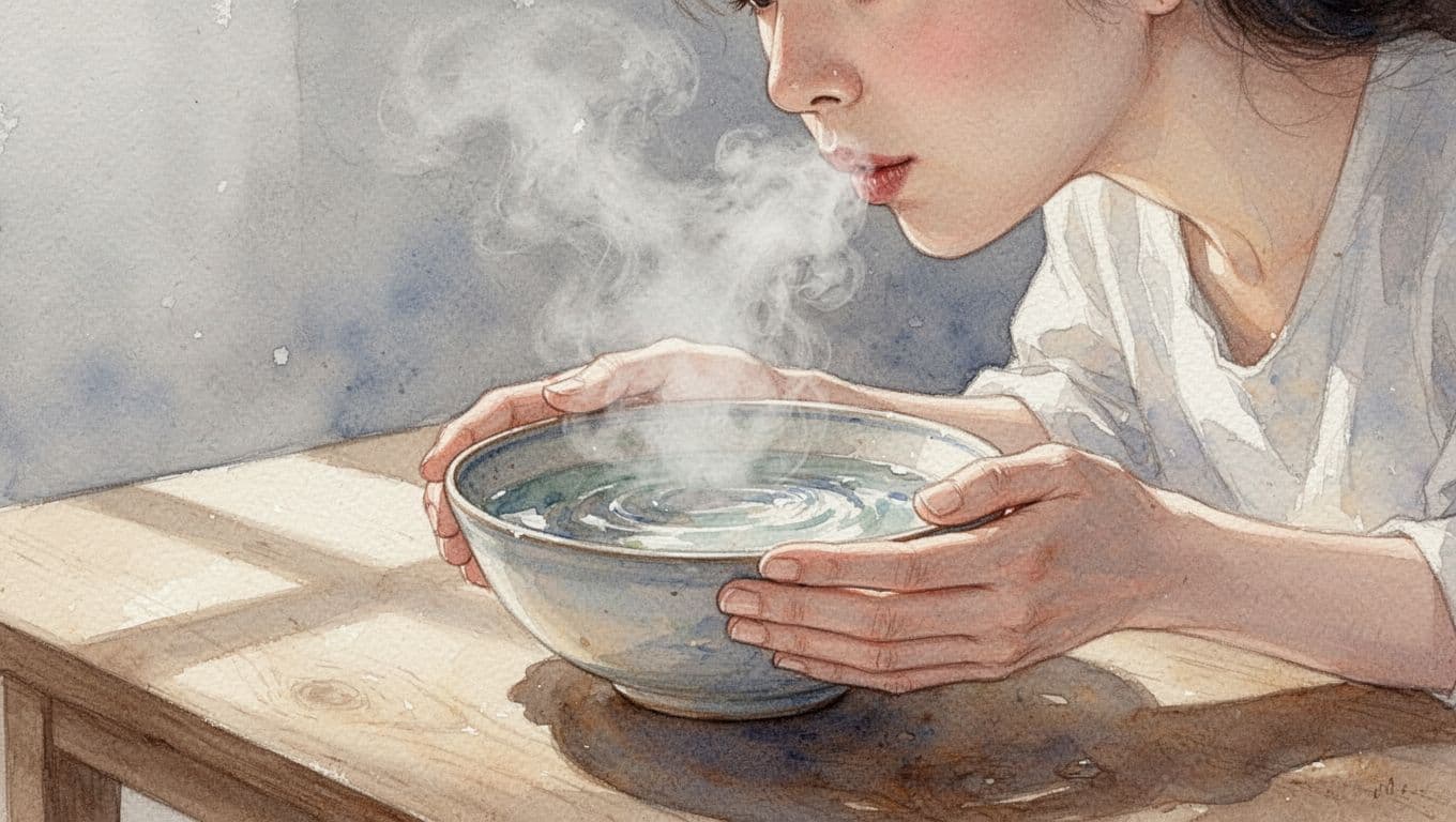 A person breathes in rising steam from a warm bowl in a soft watercolor style.