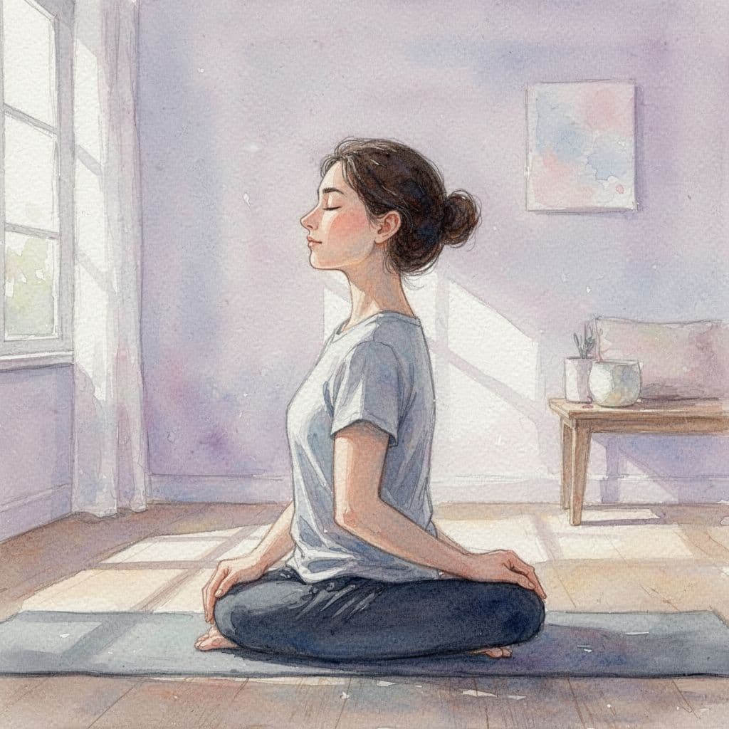 A person sits in a relaxed position with eyes closed in a serene watercolor-style environment.