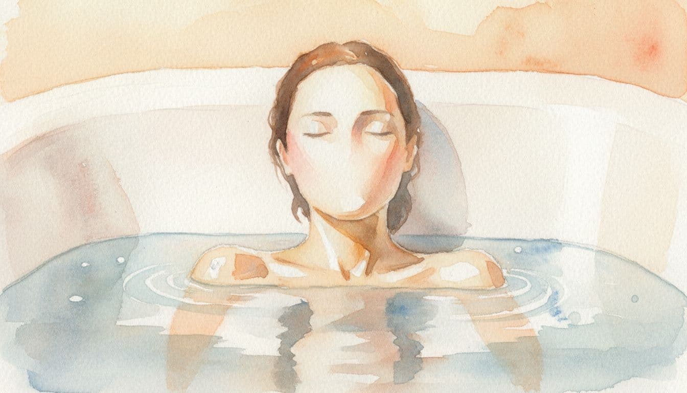 An illustrated figure with shoulders and head visible rests peacefully in a warm bath.