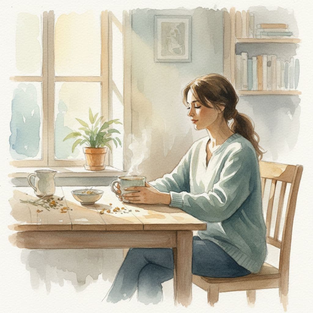 A person rests their hand on a steaming mug of tea at a wooden table in soft morning light.