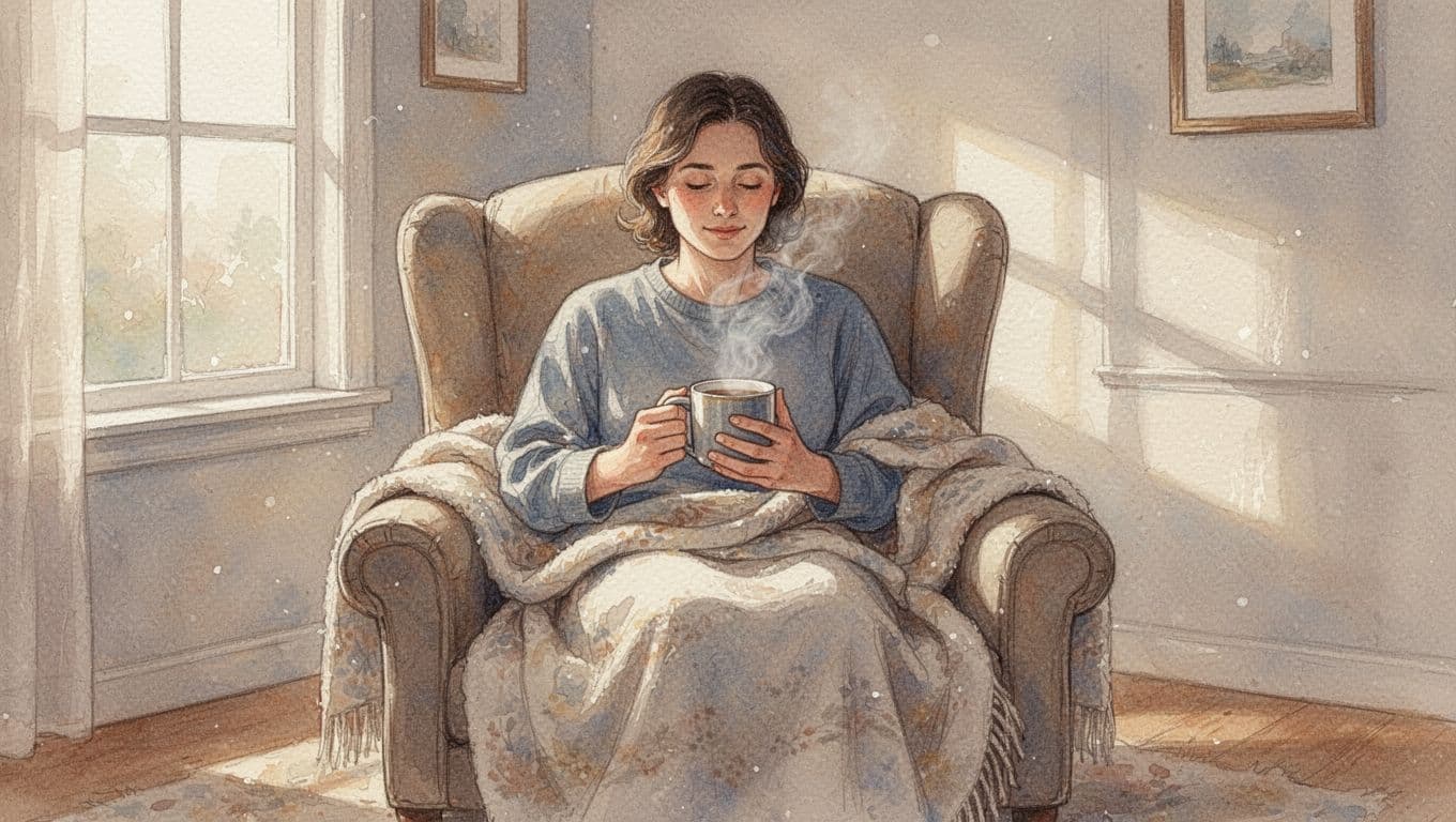 A person sits in a cozy armchair wrapped in a blanket while holding a warm mug.