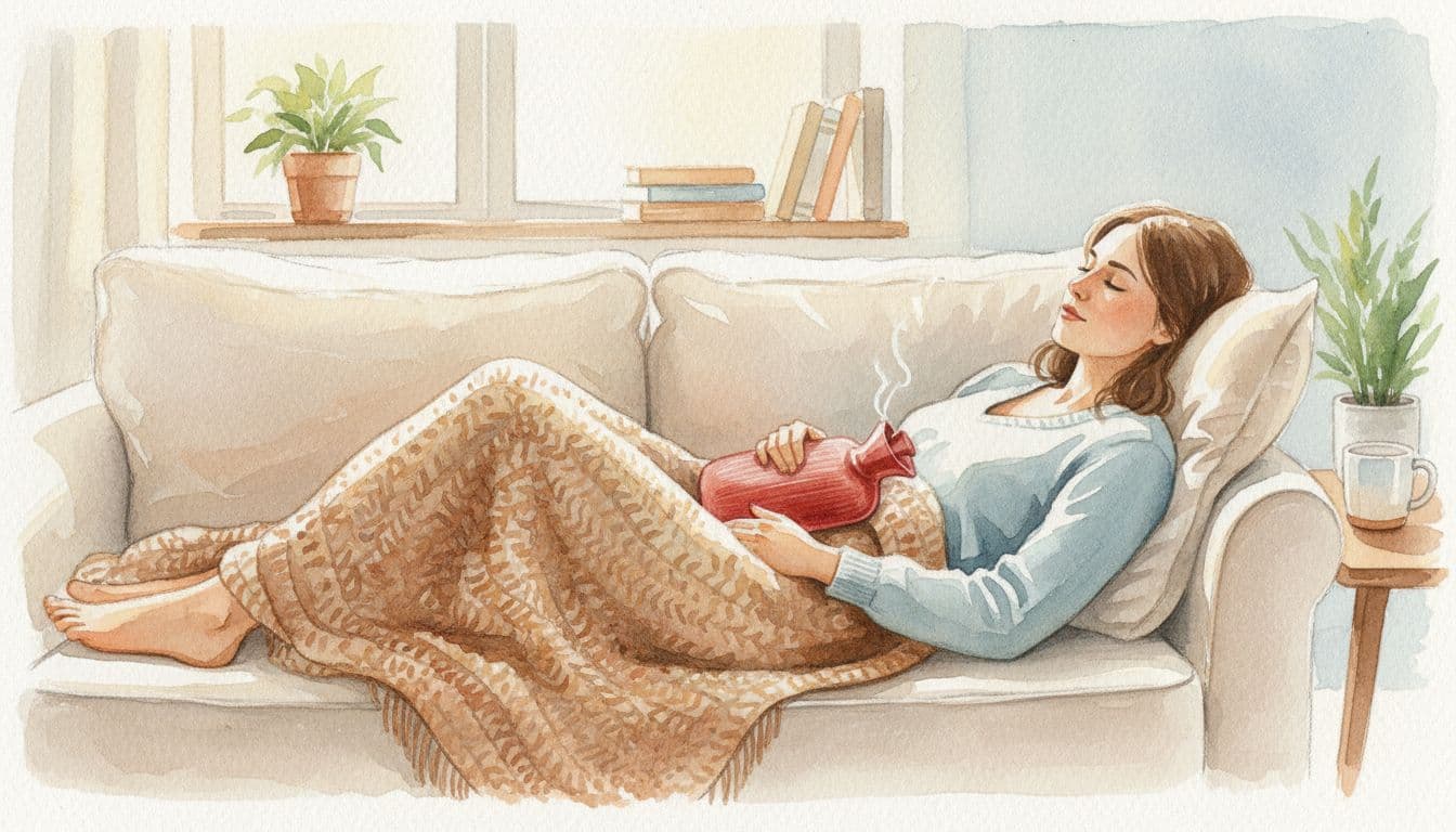 A person rests comfortably while holding a warm water bottle against their abdomen in a cozy space.
