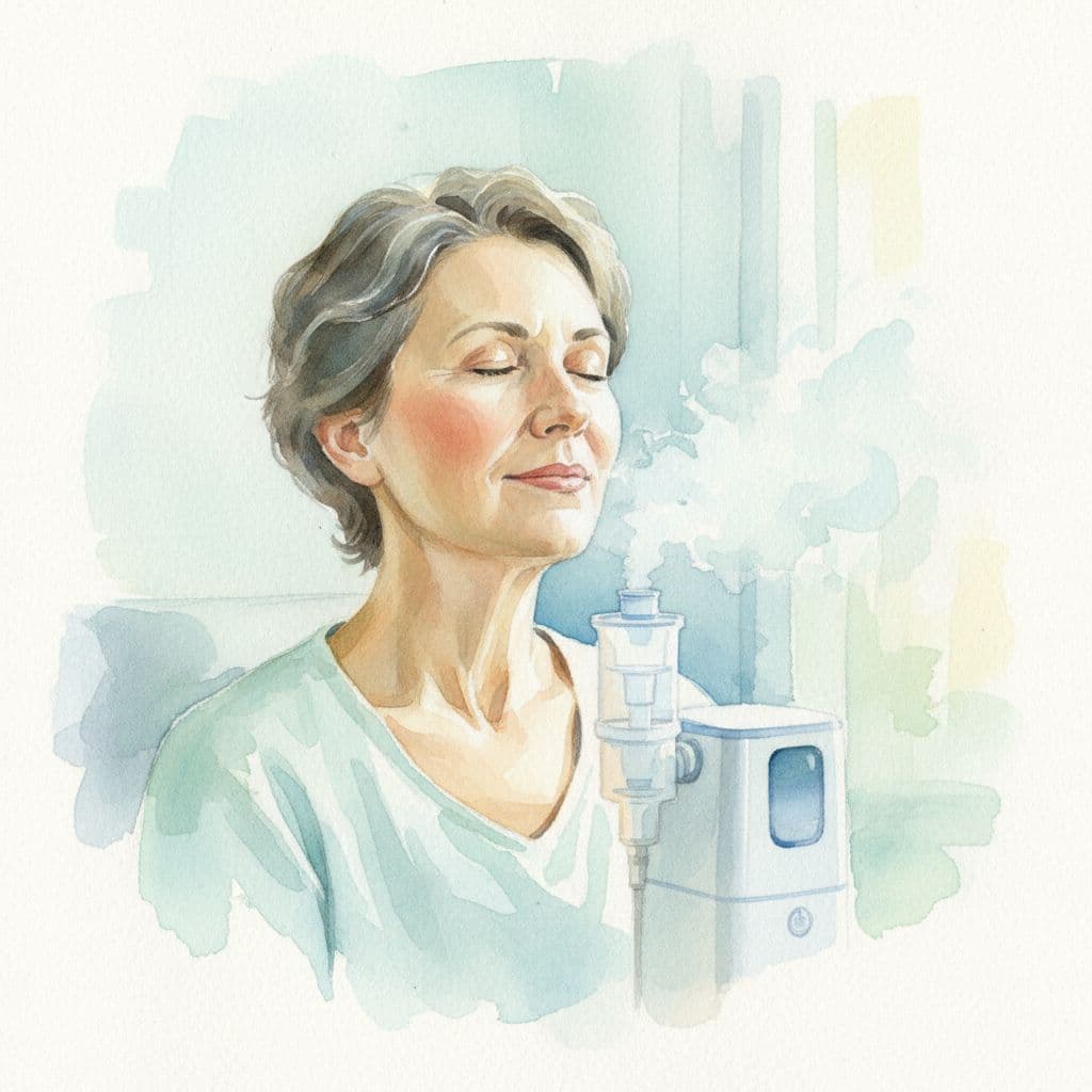 A person calmly uses a modern inhaler emitting a gentle mist in a soft watercolor style.