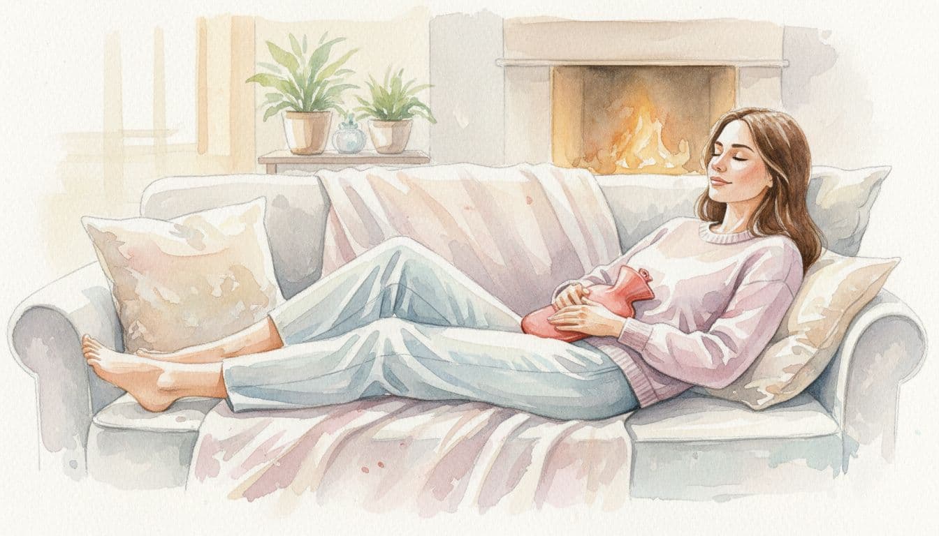 Relaxed woman lies on sofa holding hot water bottle on lower abdomen in watercolor style.