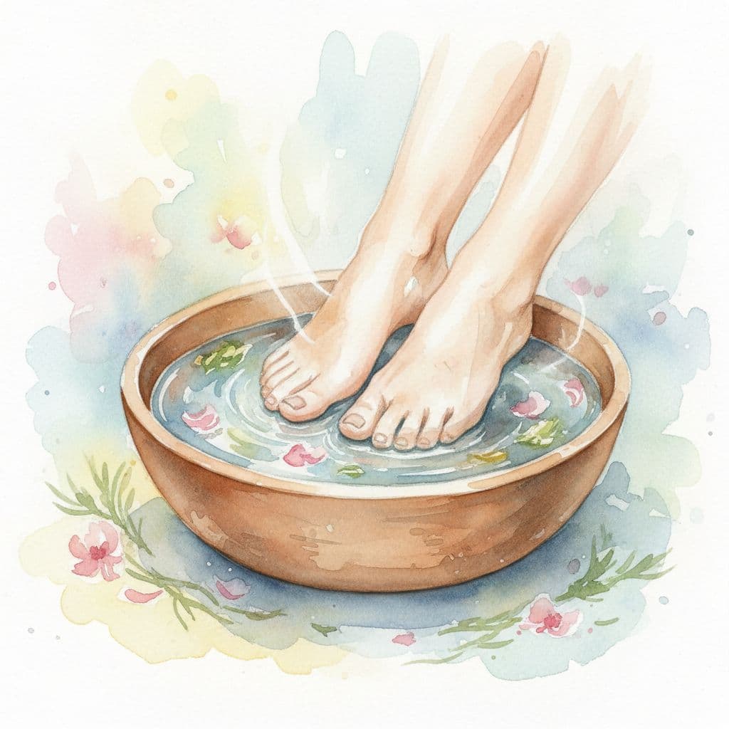 Two well-groomed feet rest inside a ceramic bowl filled with warm, swirling water. Soft, watercolor-style brushstrokes surround the basin, creating a peaceful atmosphere perfect for a home self-care routine.