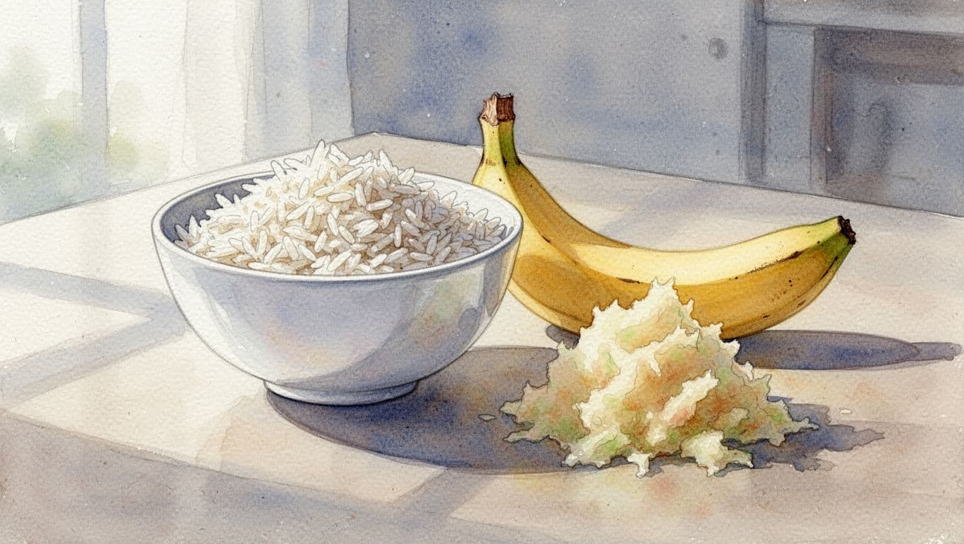 Bowl of cooked white rice, ripe banana, and grated apple on a simple table in bright kitchen.