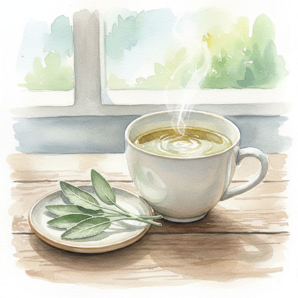 Eine dampfende Tasse Salbeitee steht neben einem kleinen Teller mit frischen Salbeiblättern auf einem rustikalen Holztisch.