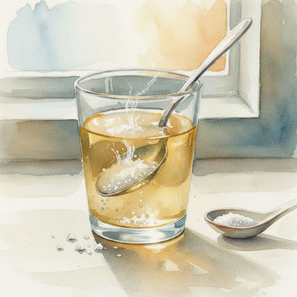 Ein Glas mit warmem Wasser und gelöstem Salz steht neben einem kleinen Teelöffel in einem weichen Aquarellstil.