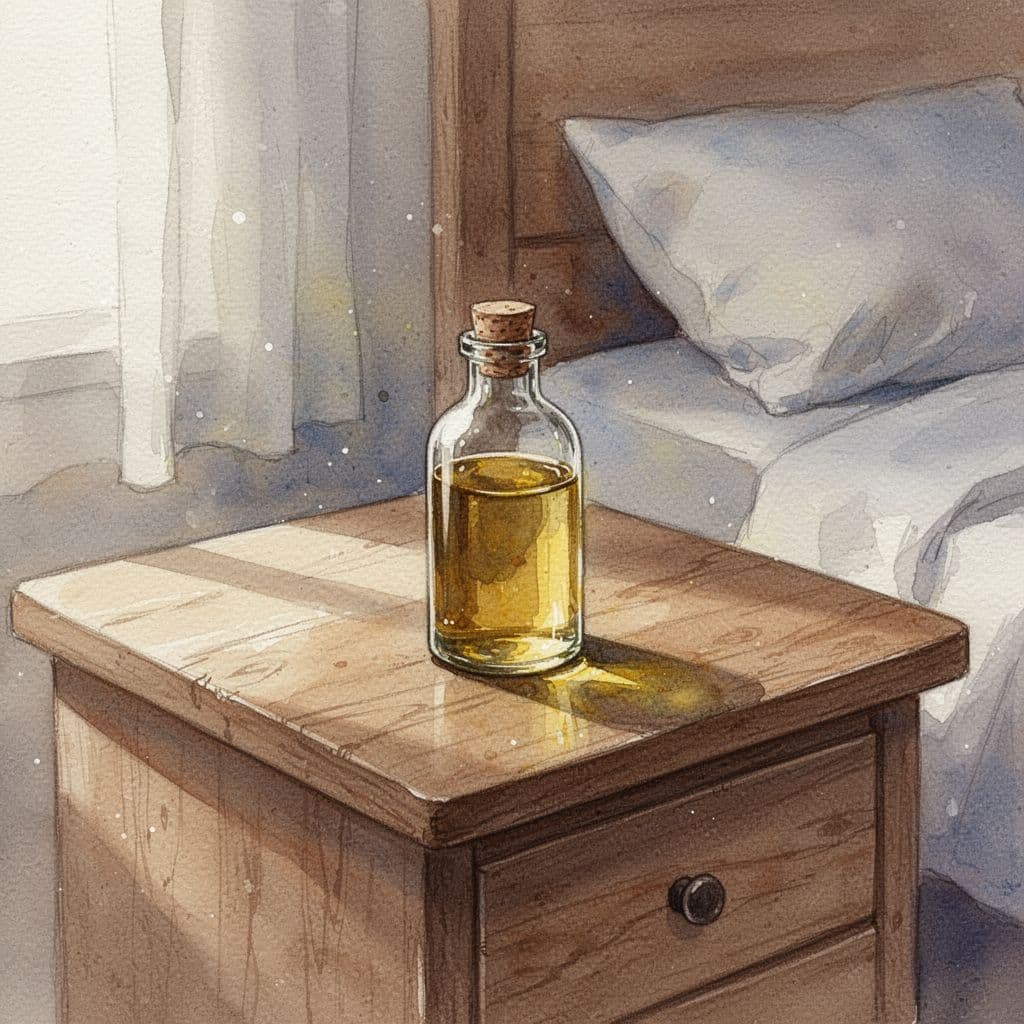 A small glass bottle of oil sits on a rustic wooden nightstand in a cozy bedroom.