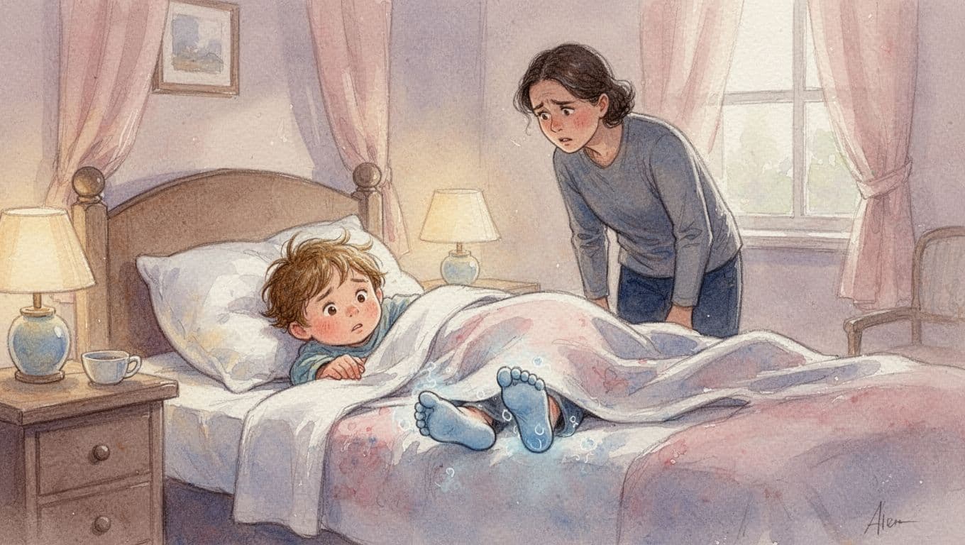 Child shivers in bed under covers, bluish cold feet visible, worried parent in background.