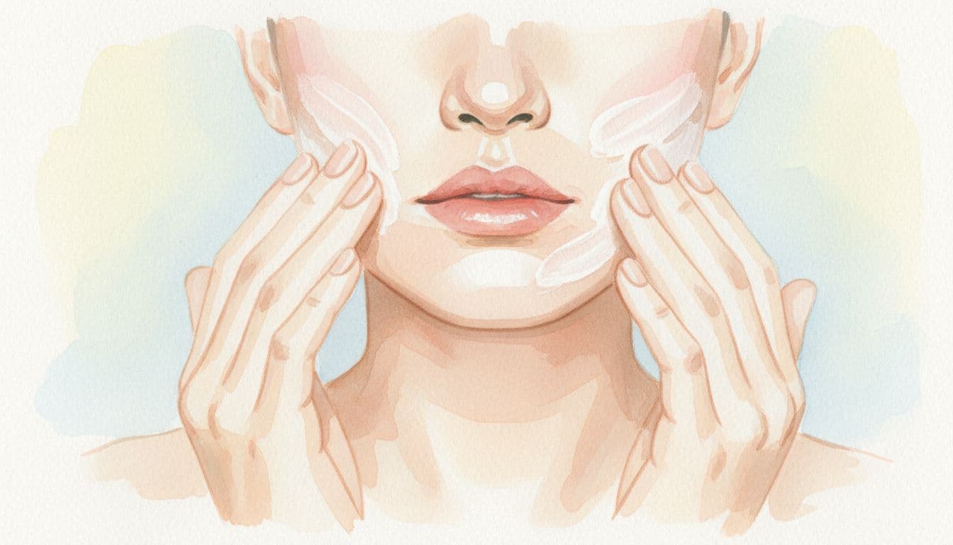 A person gently applies cream to their mouth area in this minimalist watercolor painting.