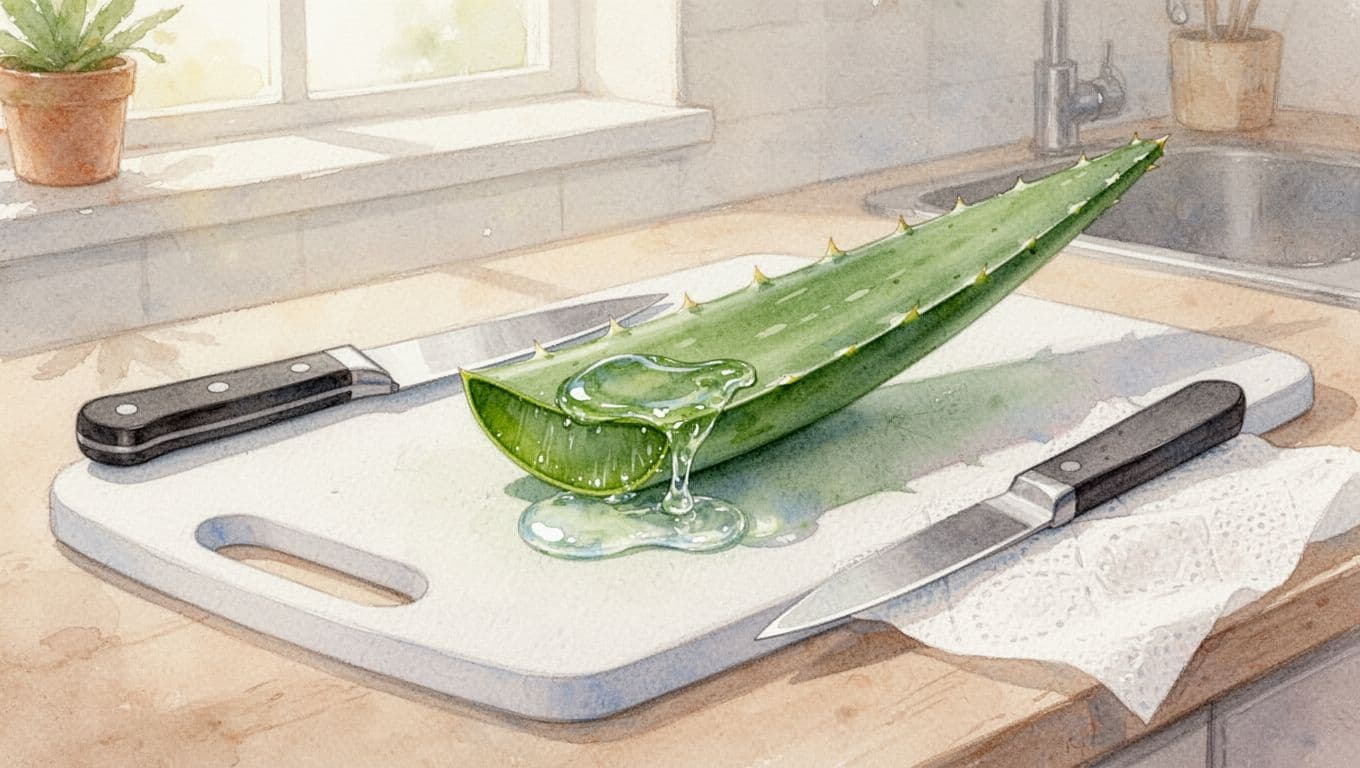 Cut-open aloe vera leaf on white cutting board, clear gel oozing out, knife and kitchen paper nearby.