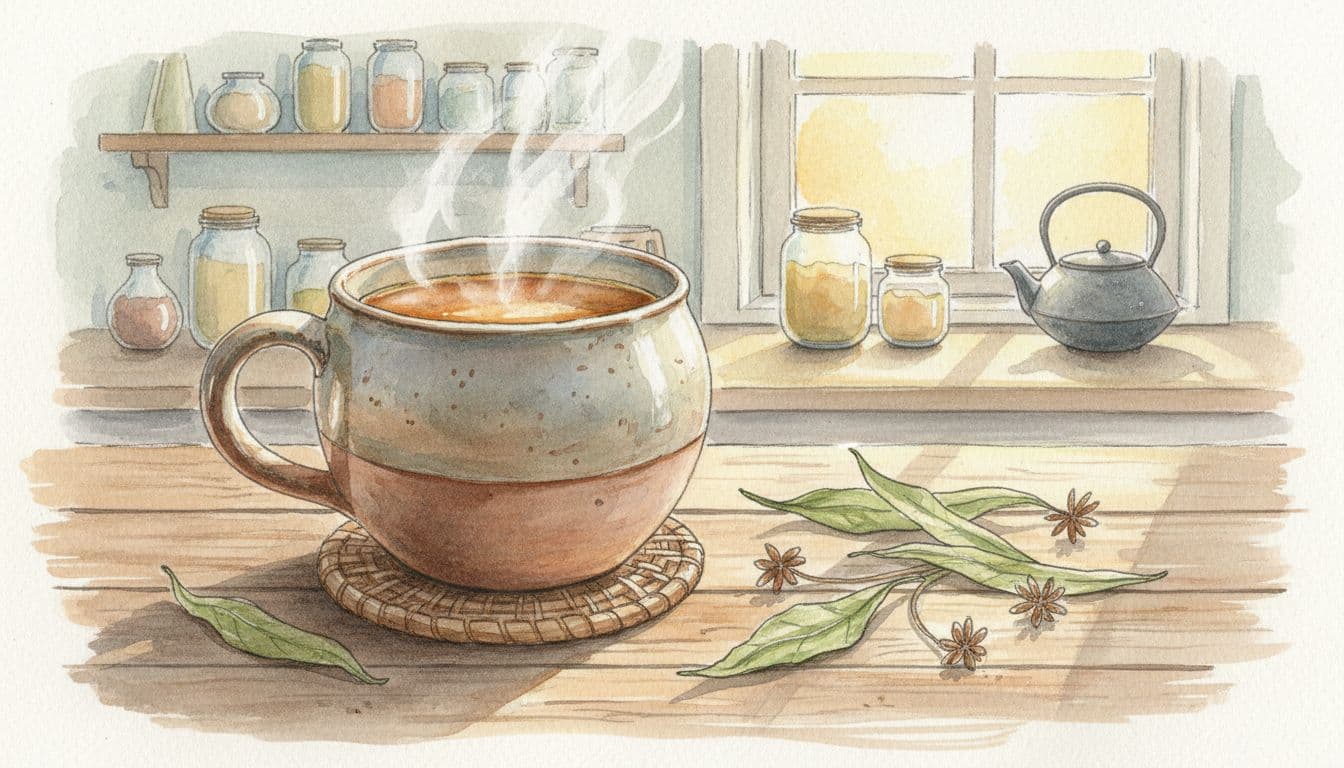 Eine dampfende Tasse Kräutertee steht neben getrockneten Spitzwegerichblättern auf einem rustikalen Holztisch.