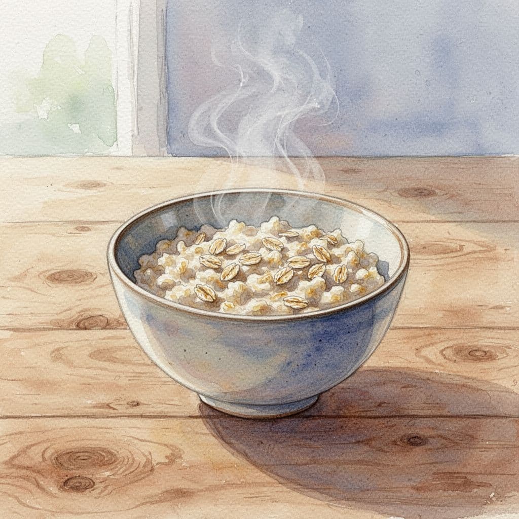 Simple bowl of steaming oatmeal sits on a wooden table in watercolor style with soft blending and brush texture.