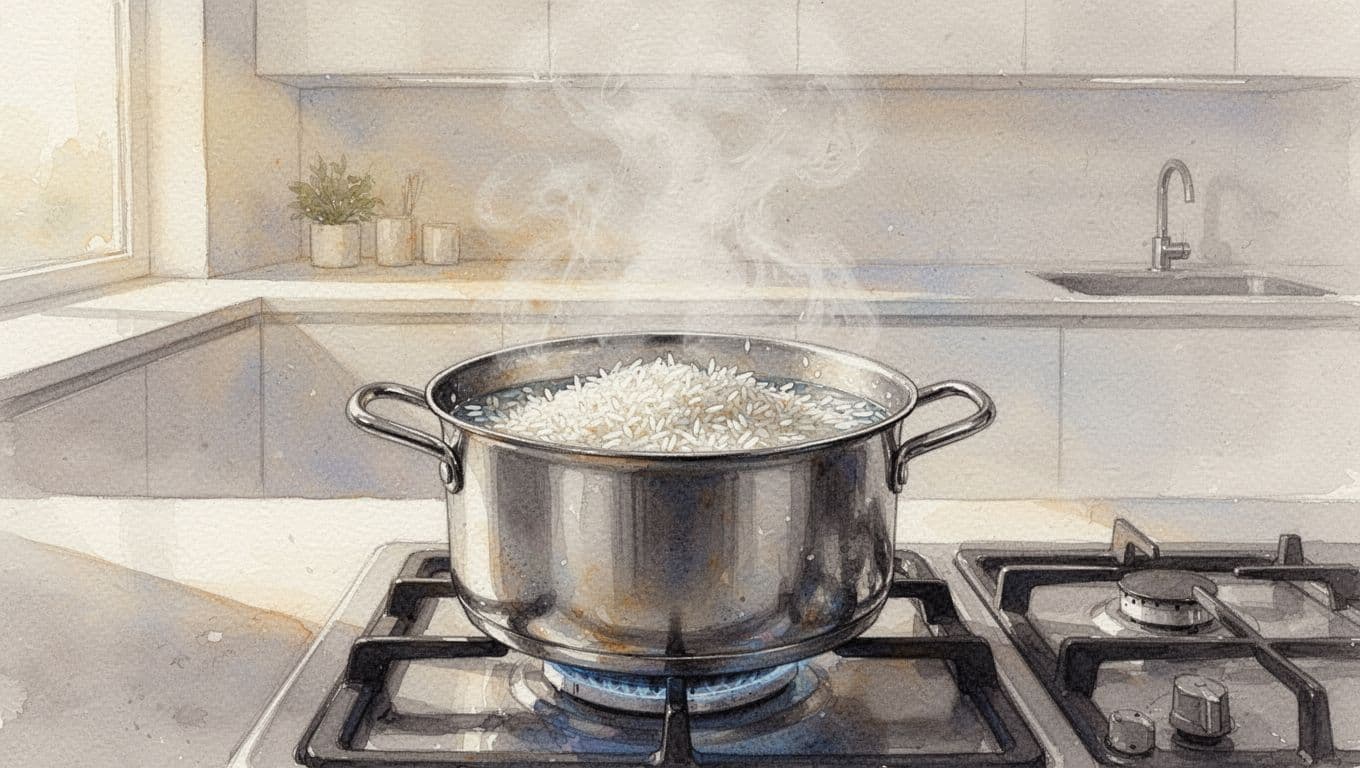 Pot on stove holds white rice boiling in clear water with light steam, bright modern kitchen background.
