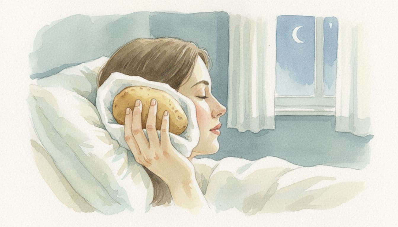 Profile of person holding warm potato wrap in white cloth close to ear in dimly lit bedroom, watercolor style.