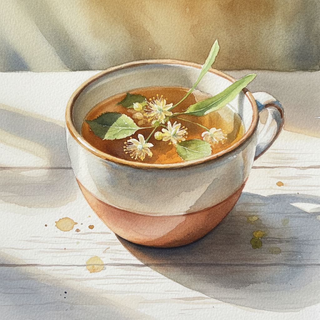 Watercolor ceramic cup of herbal tea with floating linden flowers on wooden table.